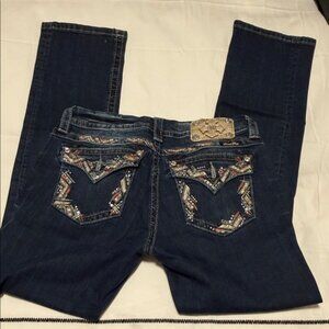 Miss Me Dark Blue mid rise  easy straight Cut Jeans with Embellishments